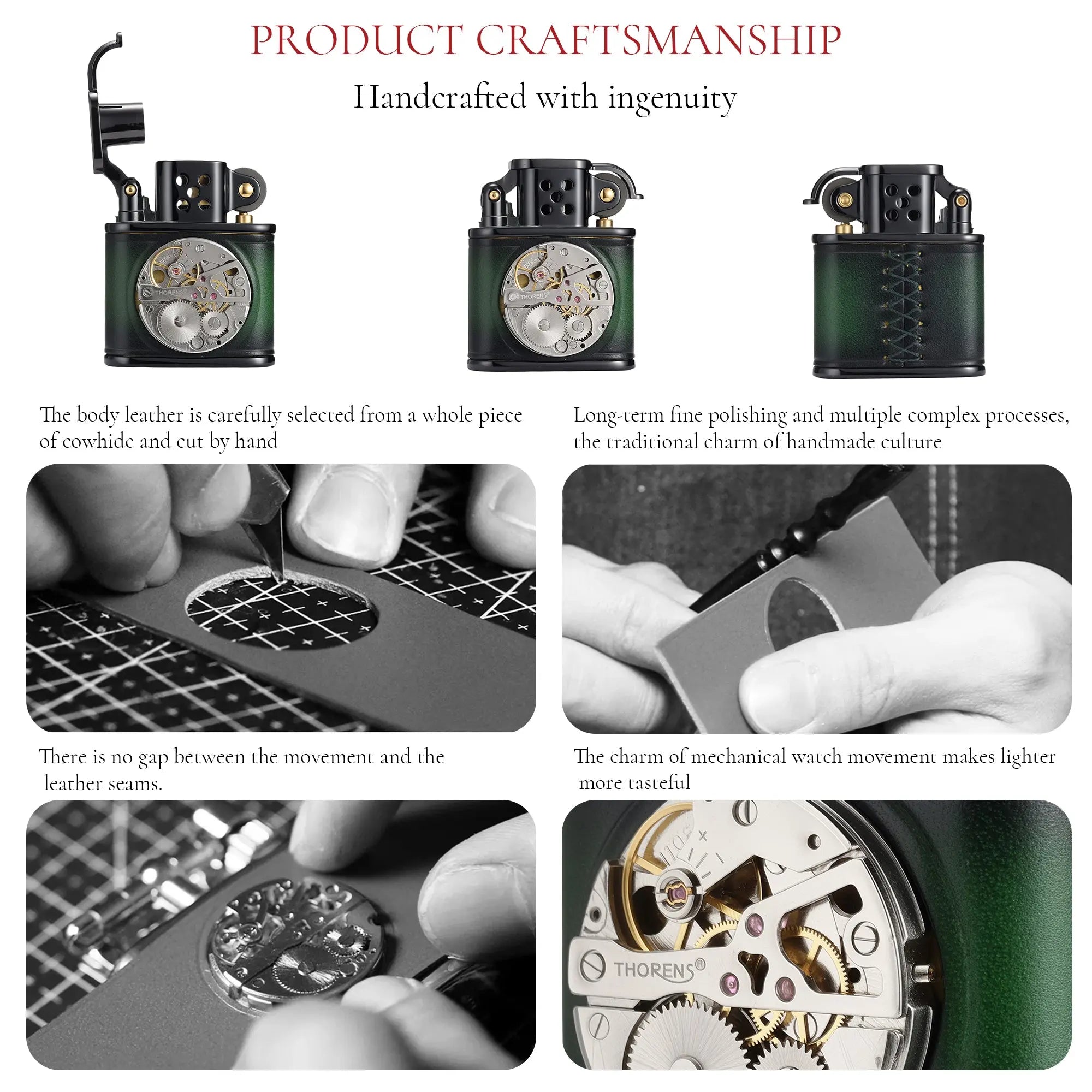 Handmade Cowhide Lighter - Inlaid Mechanical Movement - Green And Black Color THORENS