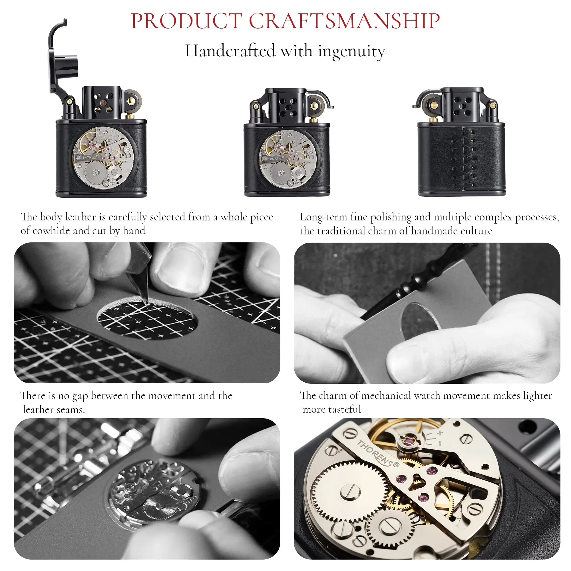 Handmade Cowhide Lighter -  Inlaid Mechanical Movement - Black THORENS