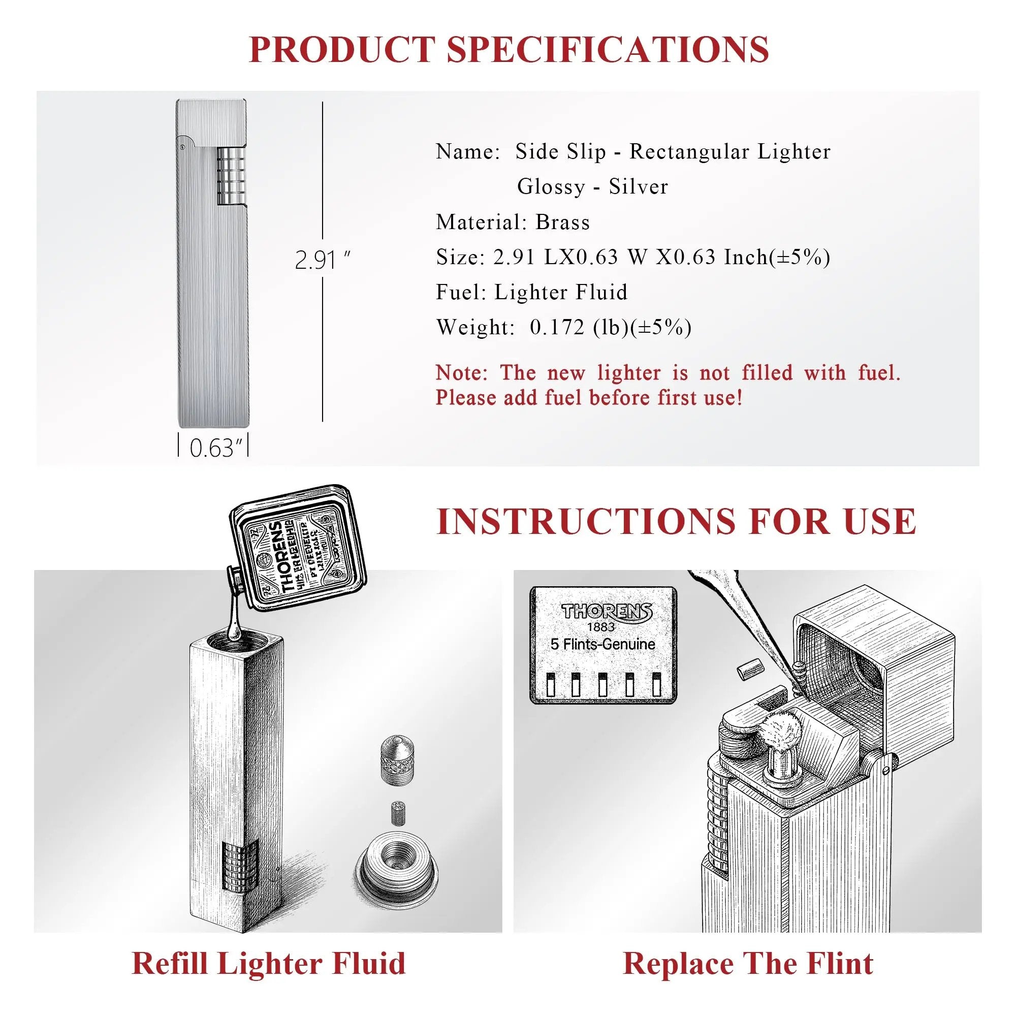 Side Slip - Rectangular Lighter - Glossy - Silver THORENS