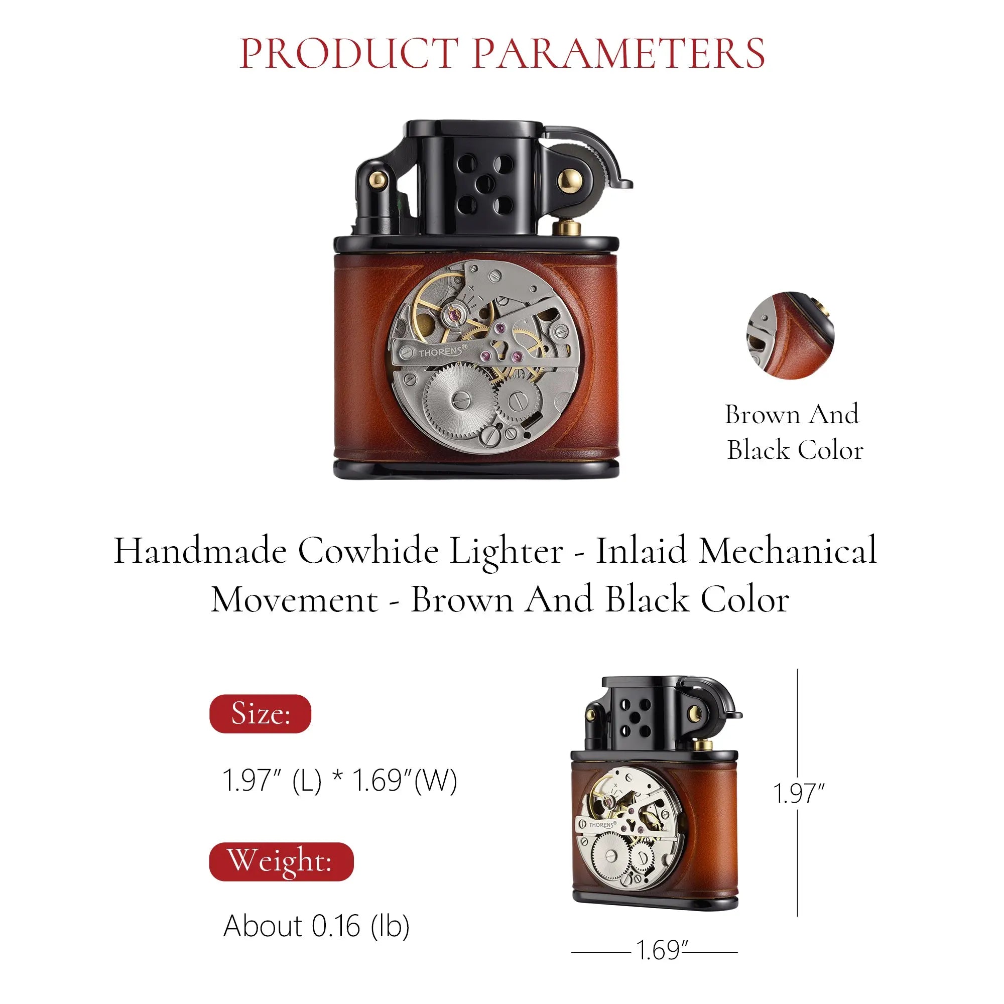 Handmade Cowhide Lighter - Inlaid Mechanical Movement - Brown And Black Color THORENS