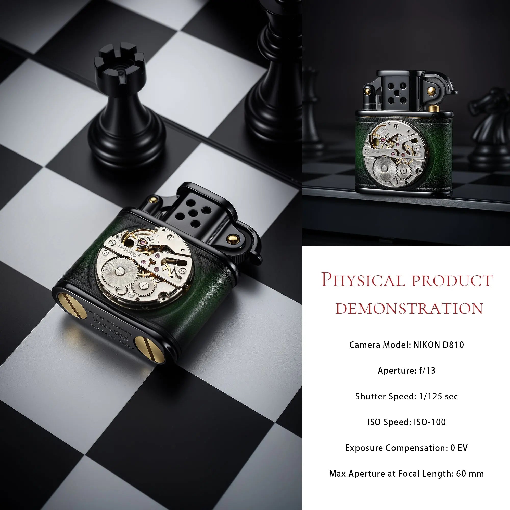 Handmade Cowhide Lighter - Inlaid Mechanical Movement - Green And Black Color THORENS