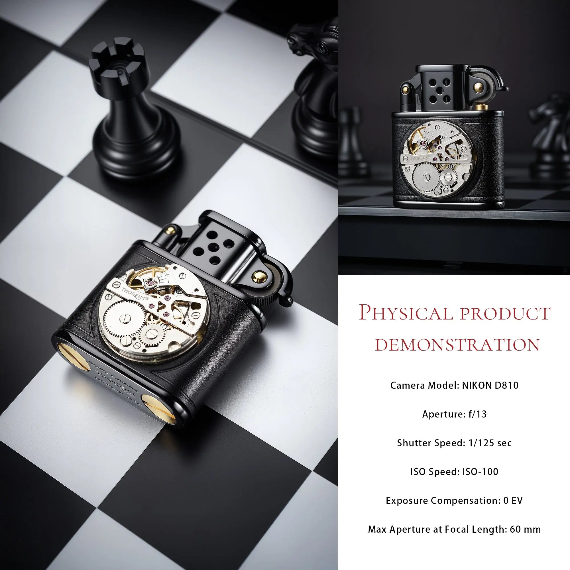 Handmade Cowhide Lighter -  Inlaid Mechanical Movement - Black THORENS