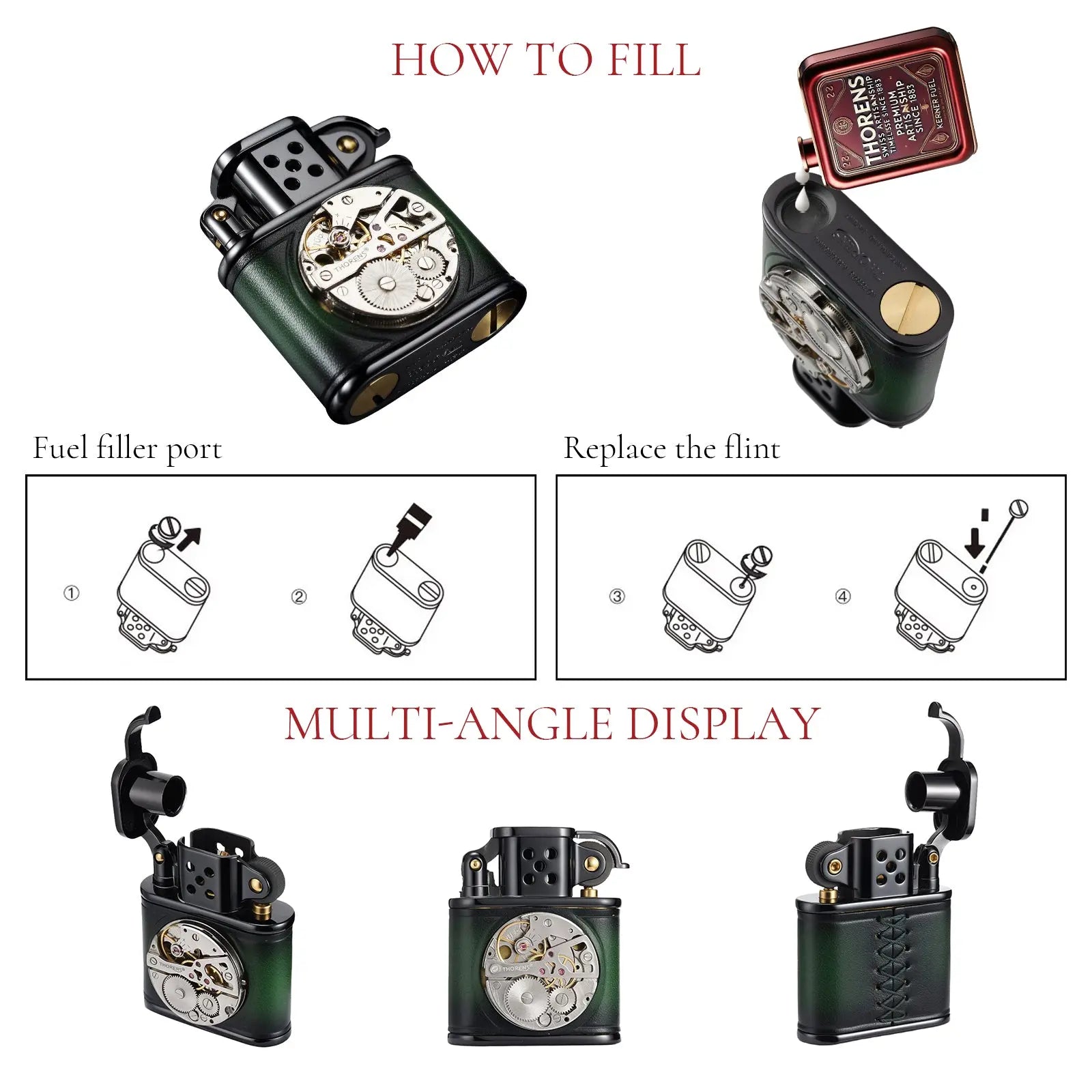 Handmade Cowhide Lighter - Inlaid Mechanical Movement - Green And Black Color THORENS