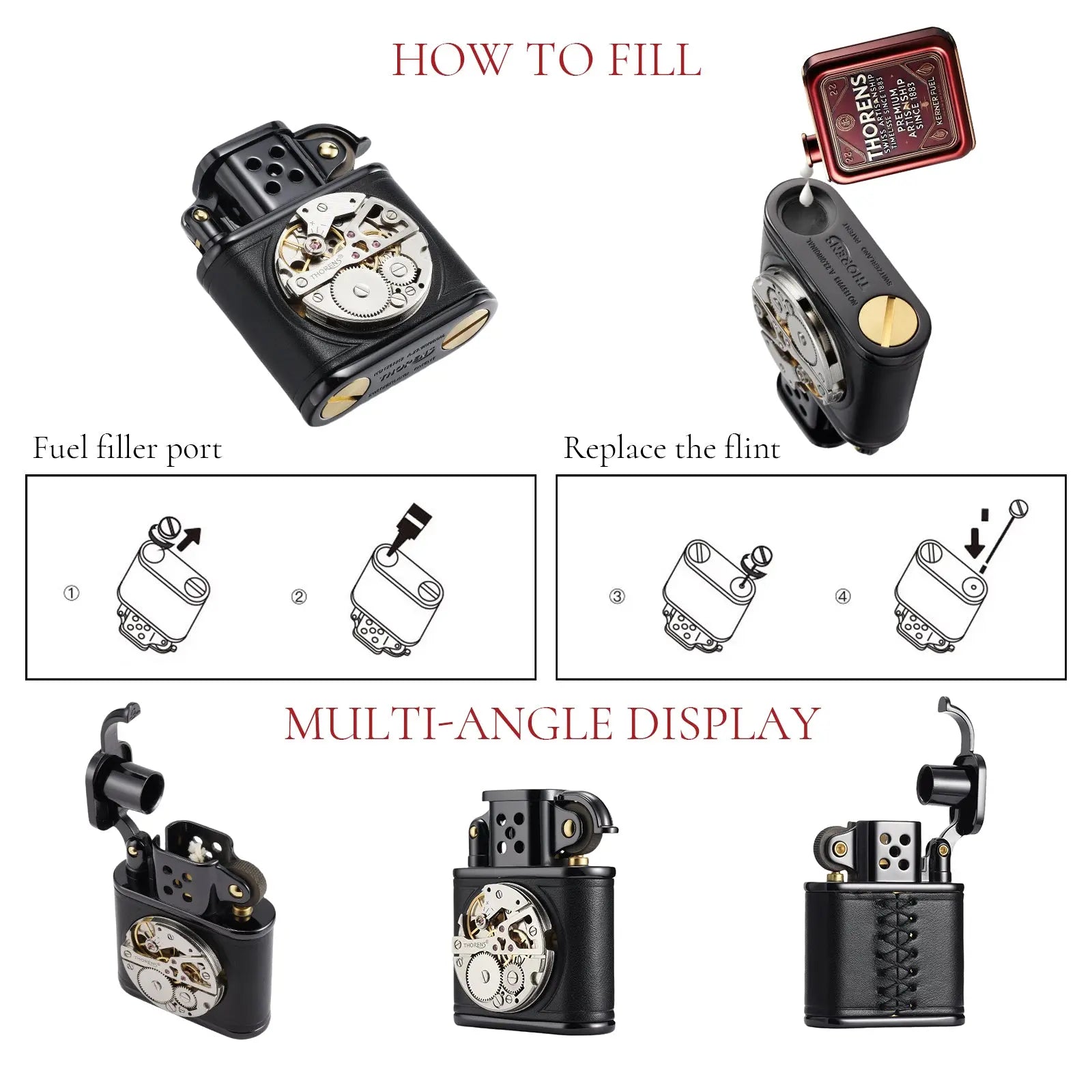 Handmade Cowhide Lighter -  Inlaid Mechanical Movement - Black THORENS