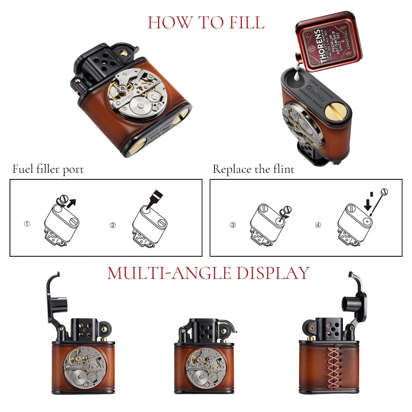 Handmade Cowhide Lighter - Inlaid Mechanical Movement - Brown And Black Color THORENS