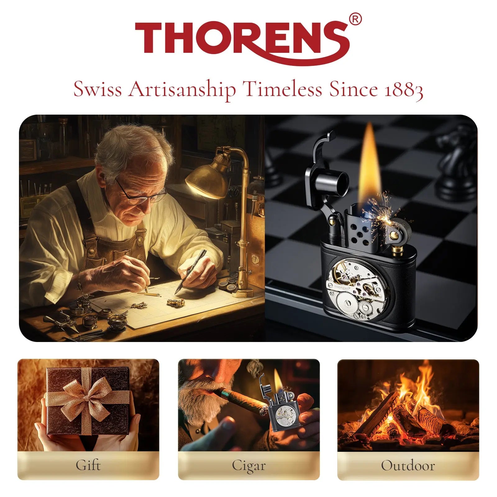 Handmade Cowhide Lighter -  Inlaid Mechanical Movement - Black THORENS