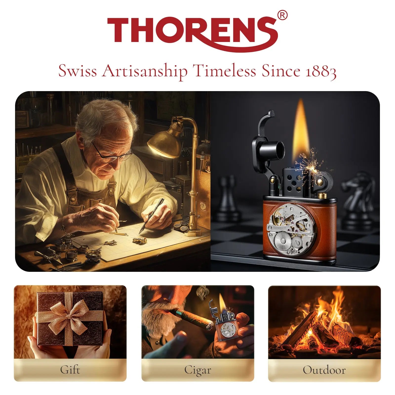 Handmade Cowhide Lighter - Inlaid Mechanical Movement - Brown And Black Color THORENS