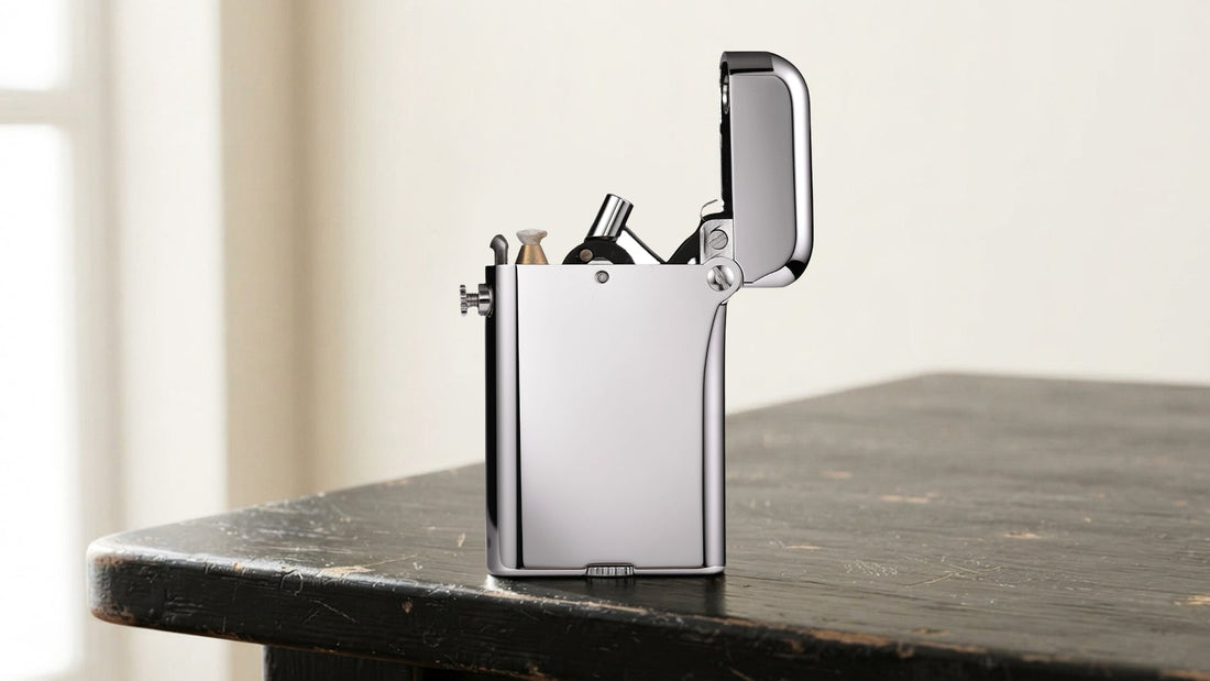 Open polished silver lighter displayed on a dark tabletop