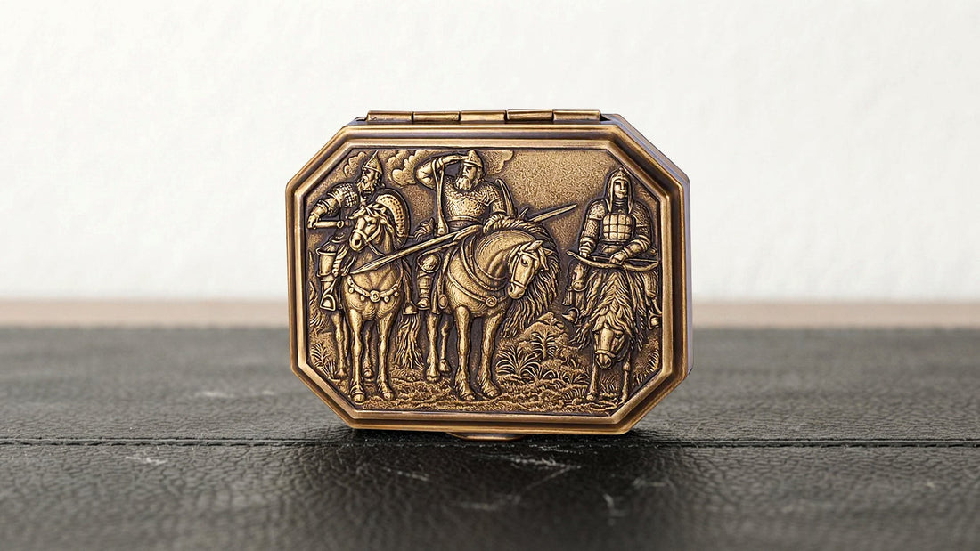 Bronze lighter case with relief figures viewed from the front