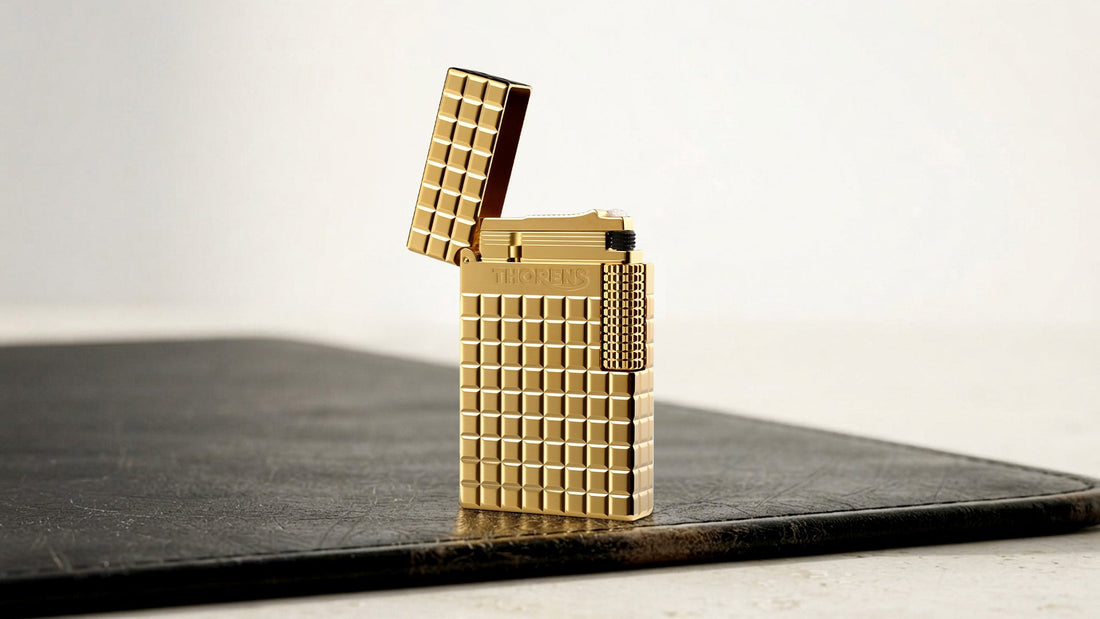 Open gold lighter with a grid pattern on a dark tabletop