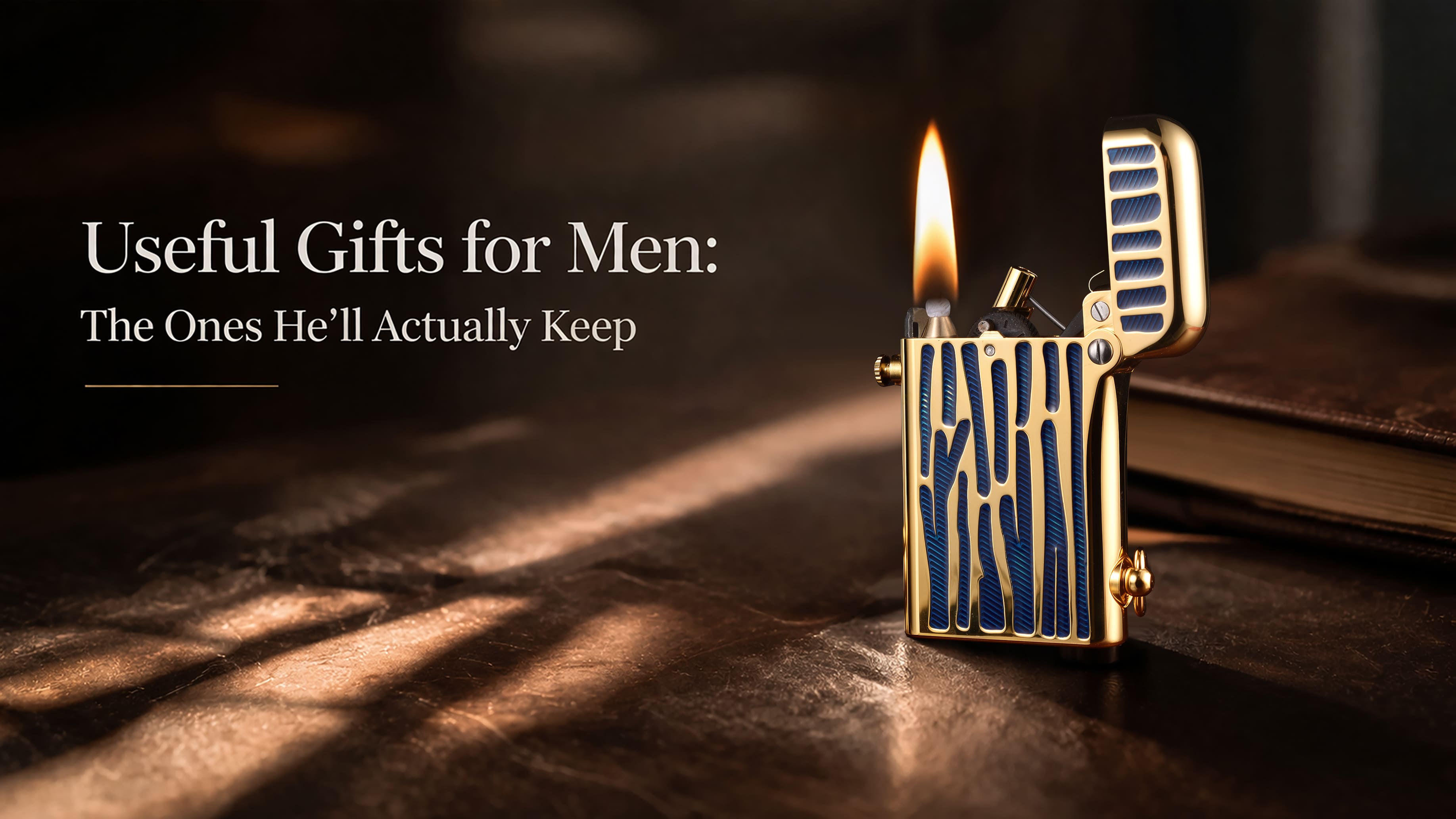 Useful Gifts for Men blog banner featuring a lit blue and gold THORENS refillable lighter on a dark wooden desk
