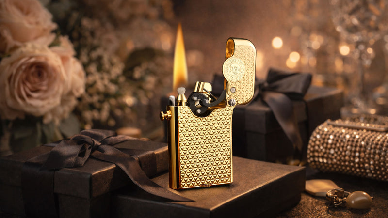 THORENS Gen 3 Single Claw Diamond Grid Gold fluid lighter displayed on luxury gift boxes with roses in a warm birthday setting