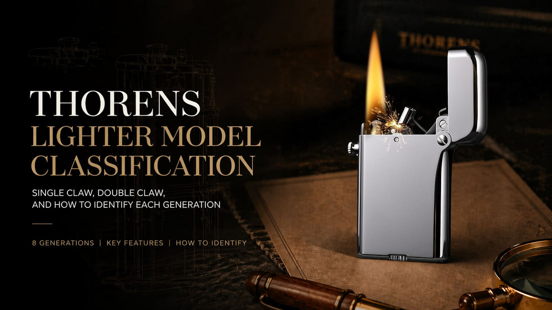 Editorial hero image for the THORENS lighter model classification guide, featuring a polished silver lighter with flame on a dark vintage desk beside Single Claw and Double Claw identification text.