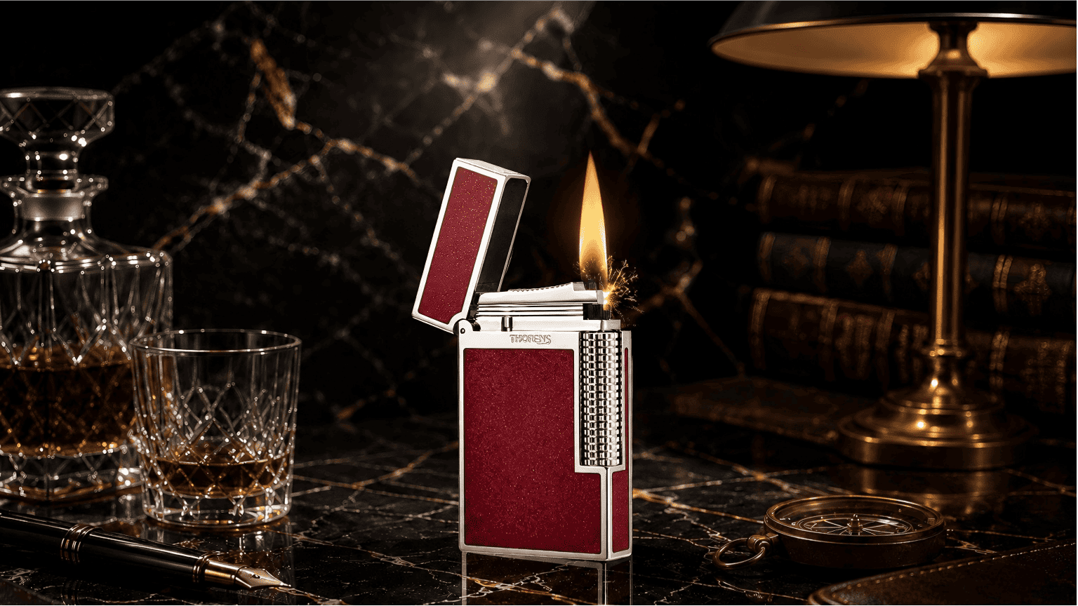 THORENS Unique Gifts for Collectors precision-engineered fluid lighter with red textured panels and a mechanical ignition flame.