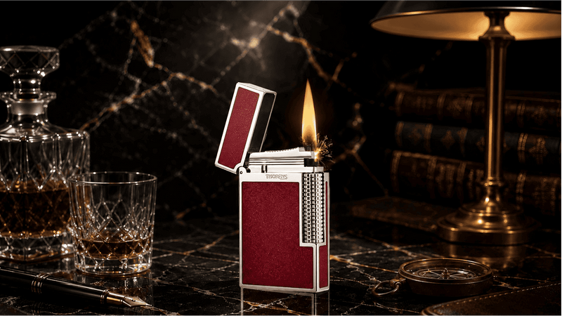 THORENS Unique Gifts for Collectors precision-engineered fluid lighter with red textured panels and a mechanical ignition flame.