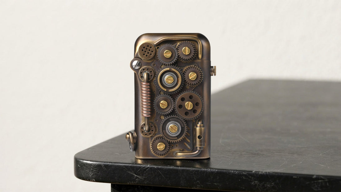 Bronze mechanical lighter with exposed gears on a dark tabletop
