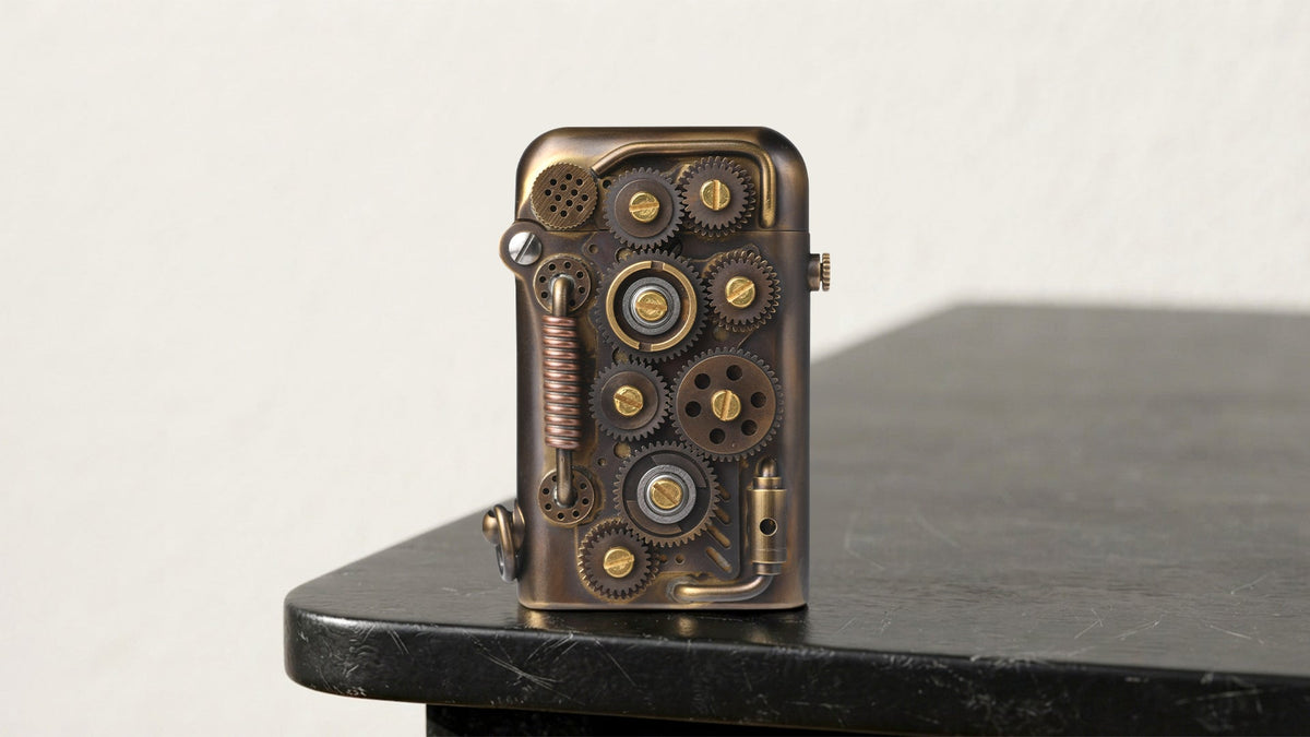 Bronze mechanical lighter with exposed gears on a dark tabletop