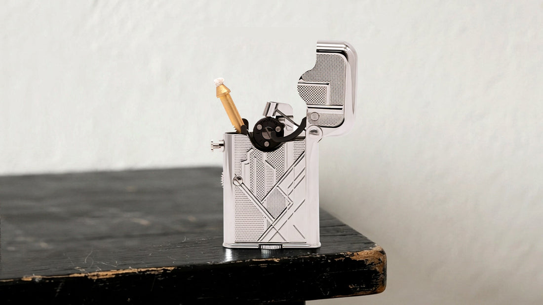 Open silver mechanical lighter showing its ignition parts