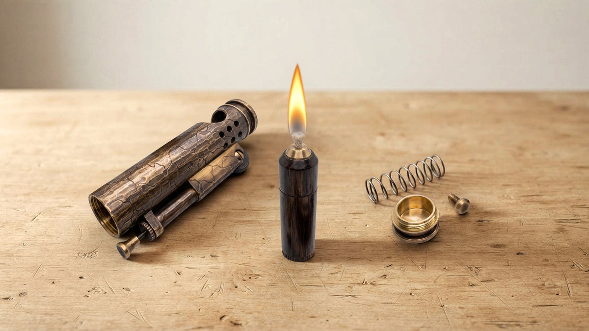 Disassembled fluid lighter with lit wick and loose parts on a tabletop