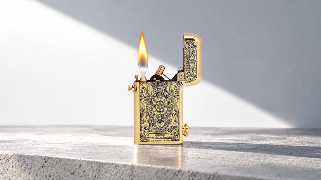 Lit gold engraved lighter with its lid open