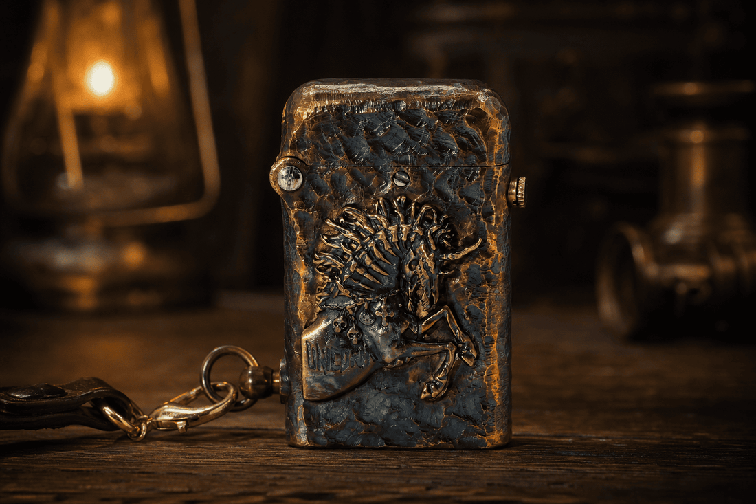 THORENS Vintage Accessories for Men: Timeless Brands Worth Knowing fluid lighter in hand-forged brass with a raised unicorn relief.