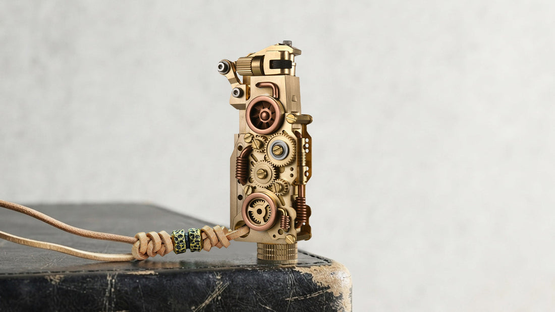 Bronze mechanical lighter with visible gears and leather cord