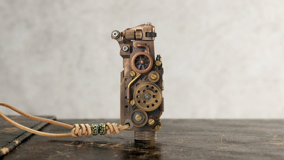 Bronze mechanical lighter with exposed gears and cord