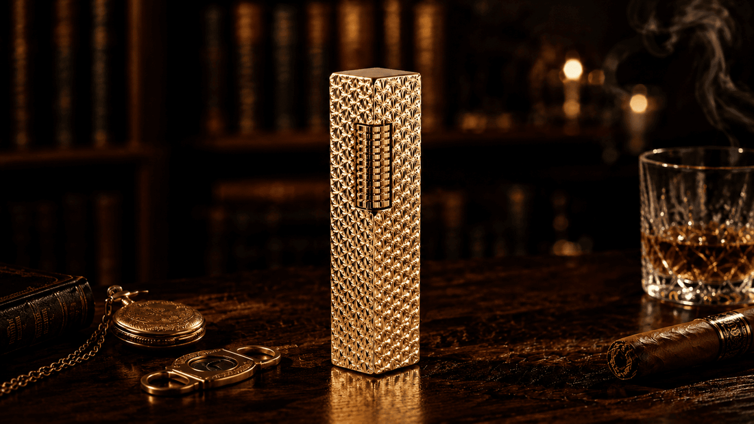 THORENS Which refillable lighter offers more character, craft, and long-term value? A gold-toned lighter with precision-engraved textures.