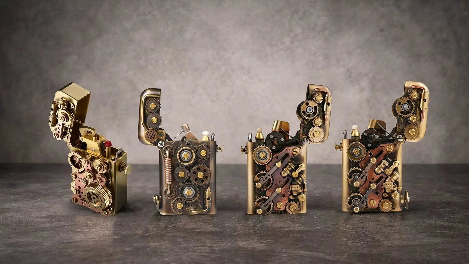 THORENS Steampunk Series fluid lighters featuring fully functional exposed gear mechanisms, crafted in solid brass and copper