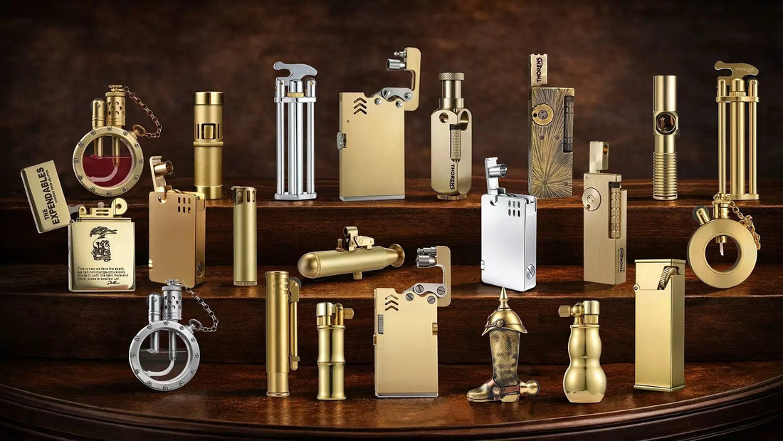Full lineup of THORENS A Timeless Legacy Series fluid lighters crafted in heritage brass, showcasing classic forms, varied ignition mechanisms, and enduring material character.