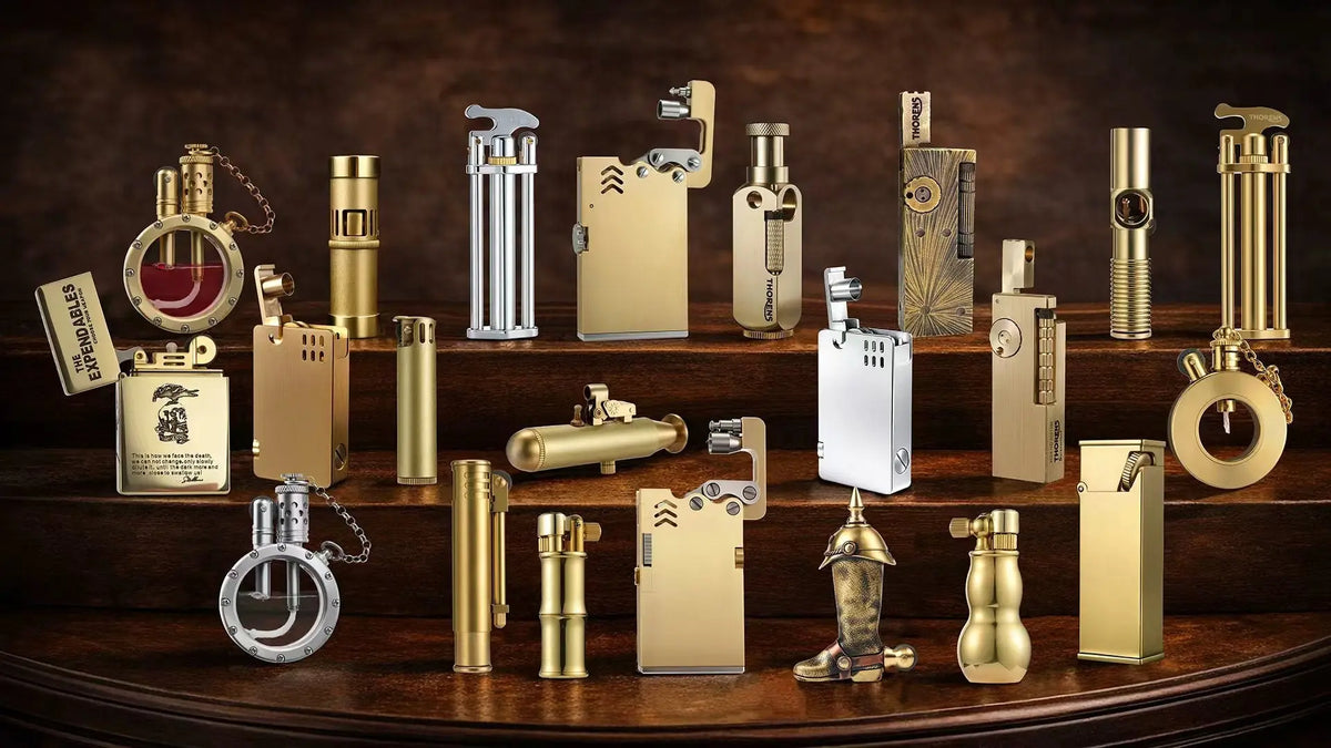 Full lineup of THORENS A Timeless Legacy Series fluid lighters crafted in heritage brass, showcasing classic forms, varied ignition mechanisms, and enduring material character.