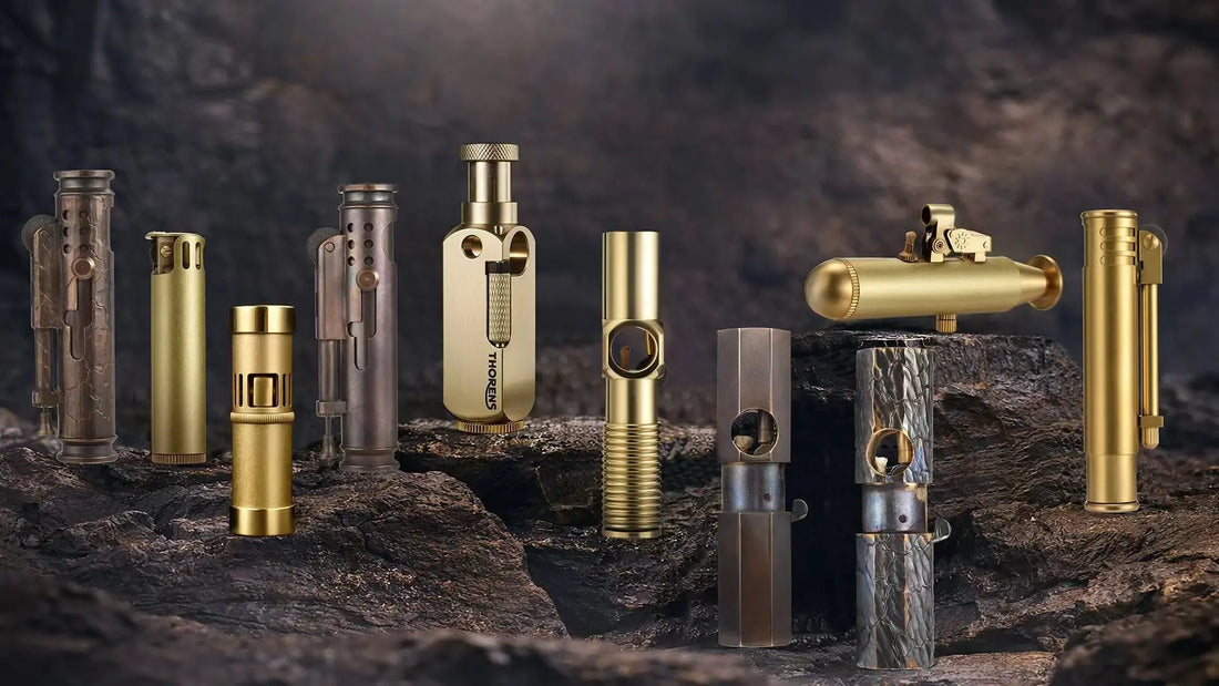 THORENS Trench Lighter Series full lineup featuring cylindrical and oval brass trench lighters with sliding storm guards