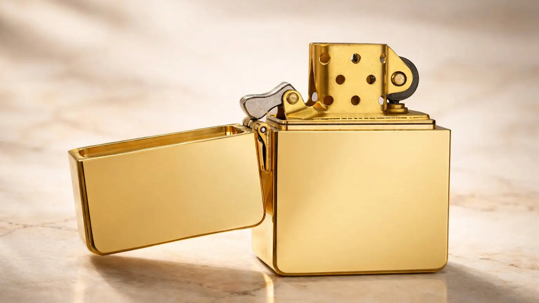 Solid brass armor lighter with open lid, refillable fluid lighter design showing heavy construction and classic flint-wheel ignition