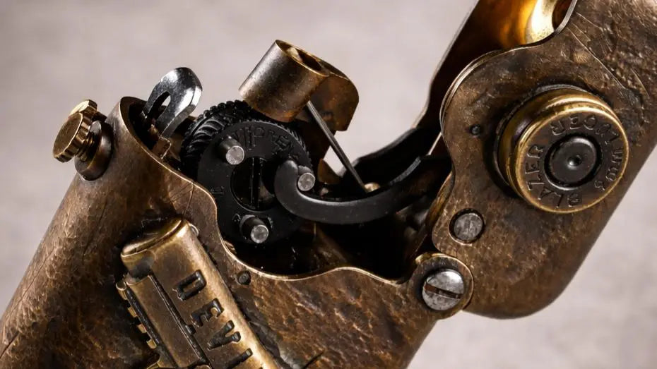Close-up detail of a battle mark mechanical lighter showing solid brass texture and exposed single claw ignition mechanism
