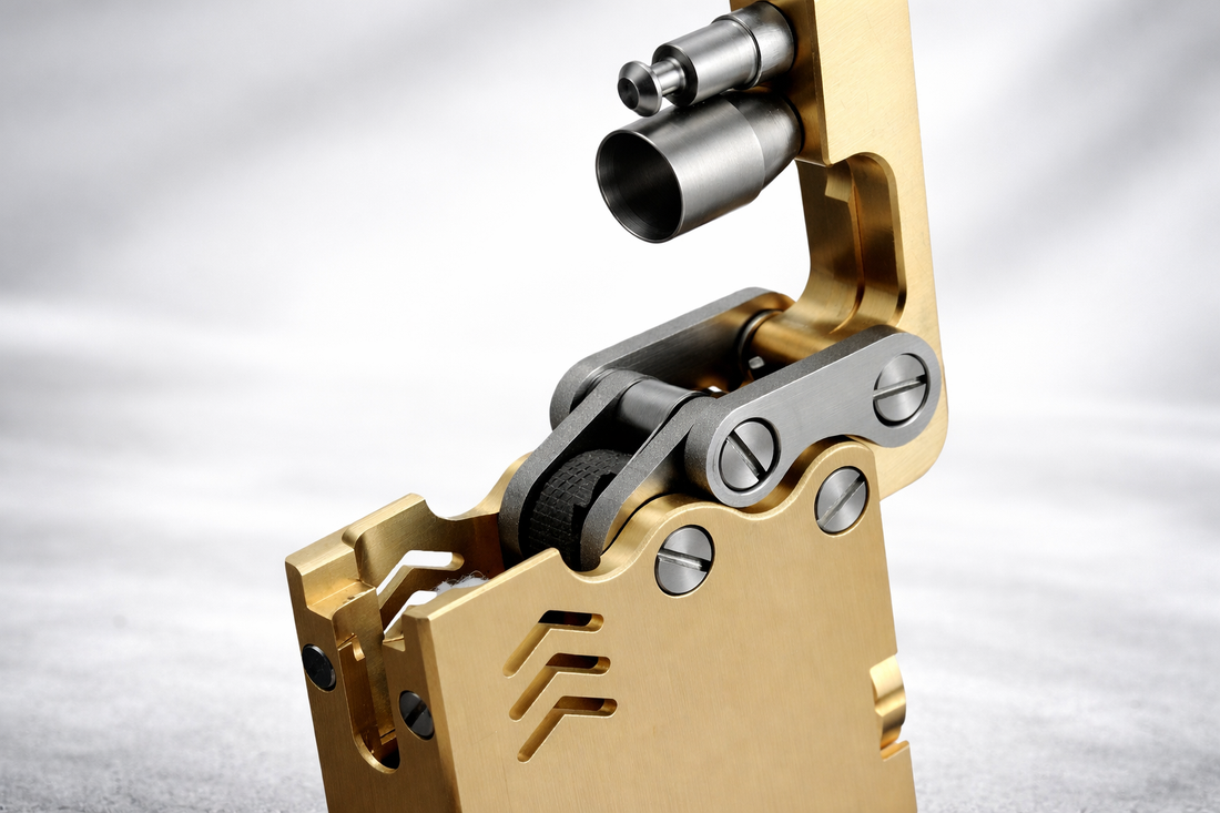 Solid brass ejection lighter showcasing mechanical structure and brushed metal finish