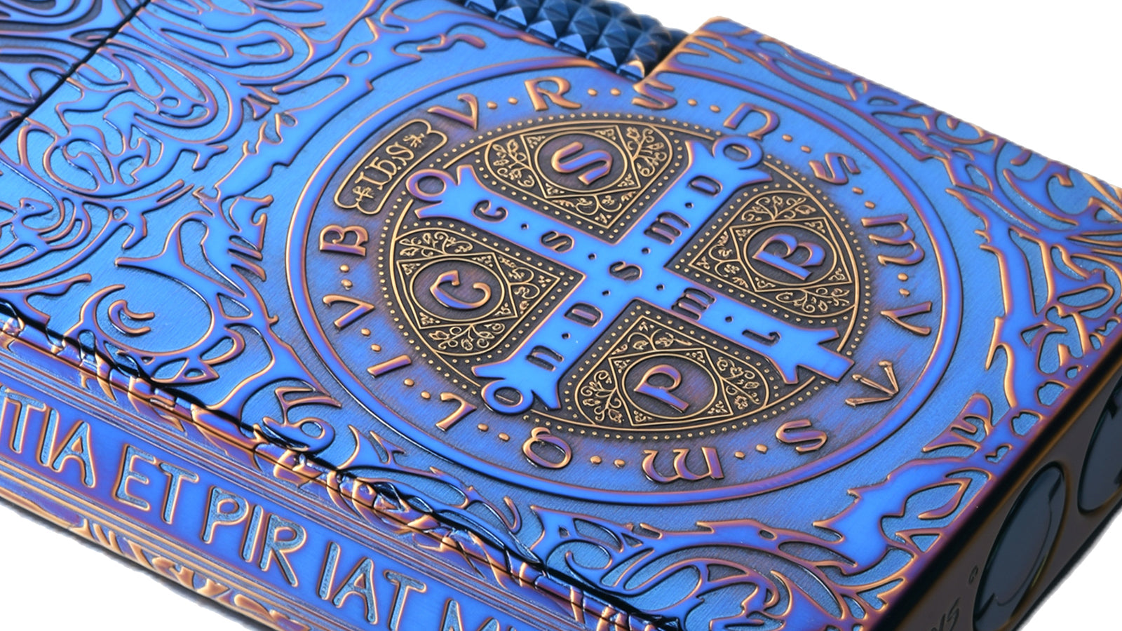 Close-up of engraved sigil on a Constantine-style midnight blue mechanical fluid lighter