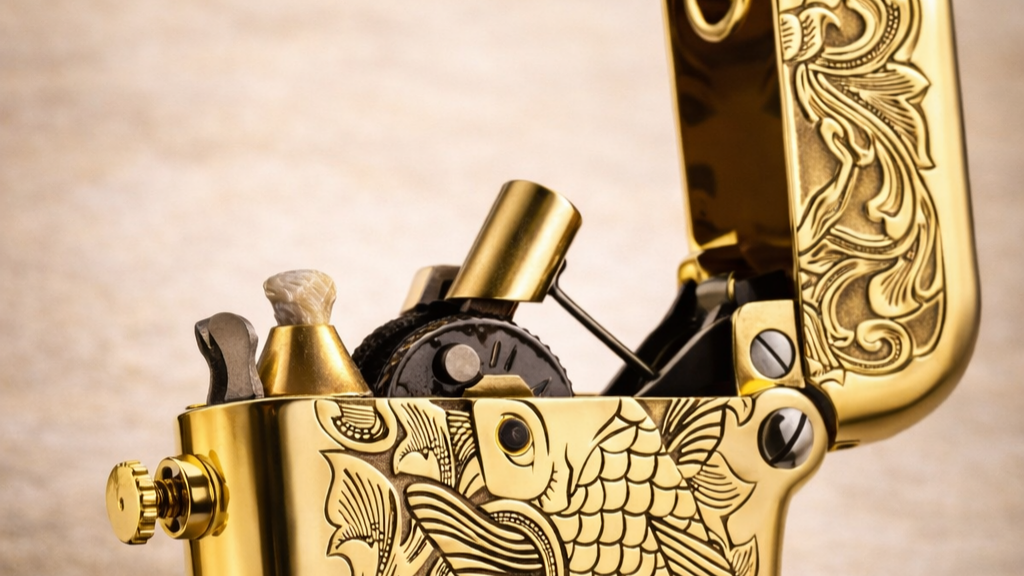 Close-up of a double-claw engraved koi brass fluid lighter showing the open lid and ignition mechanism