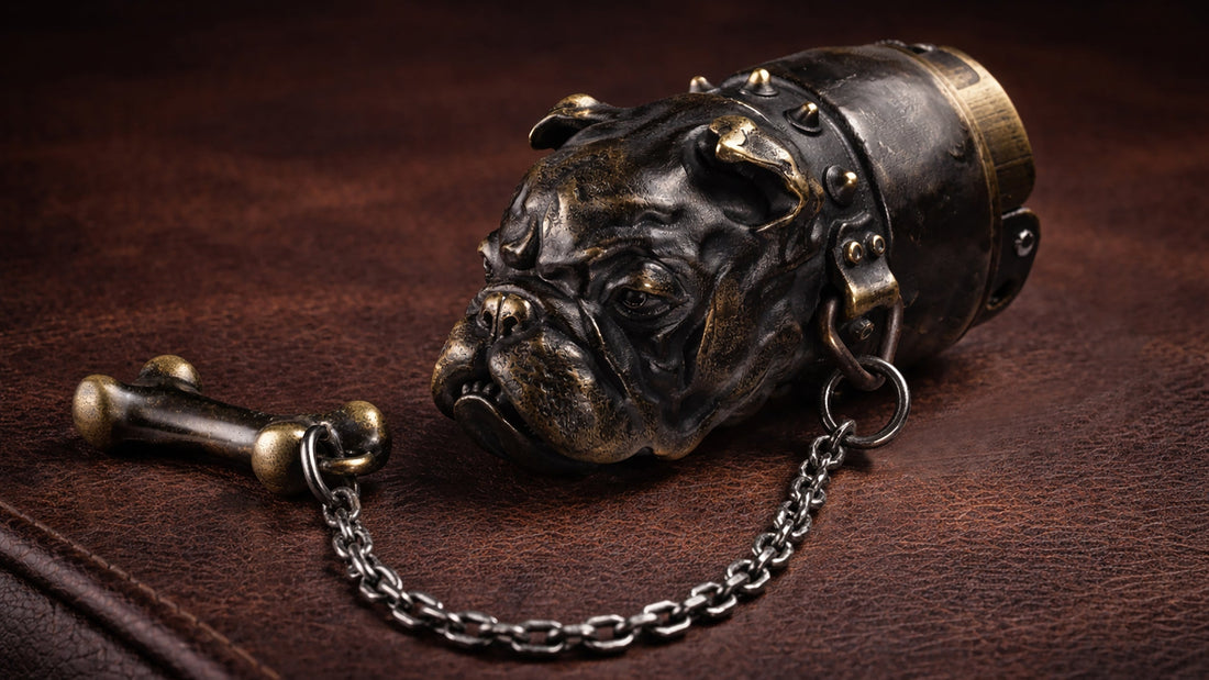 Antique bronze French bulldog fluid lighter with sculpted bulldog head, chain, and bone ornament