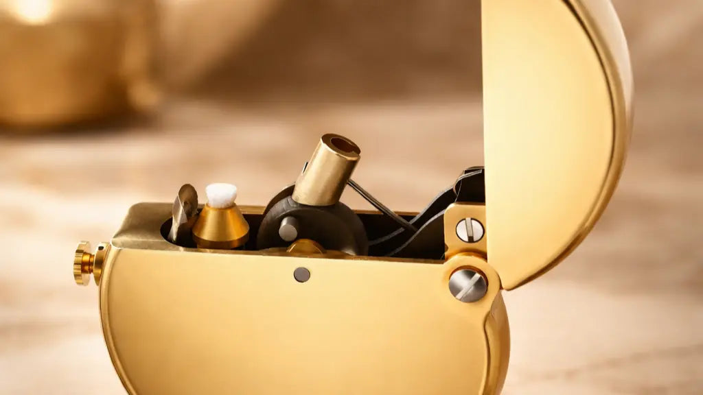 Open Gen 8 double claw brass fluid lighter showing internal ignition mechanism and polished round case detail