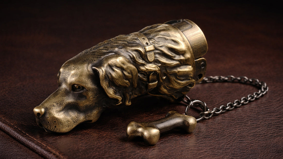 Antique bronze golden retriever dog lighter with sculpted metal details and decorative chain