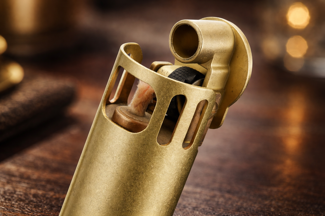 Ignis Tower minimalist lighter with side flame outlet and openwork brass design