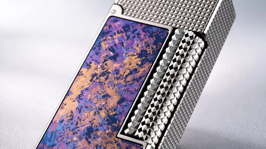 Iridescent titanium lighter from the Side Slip Narrow Titanium Series with side-roller ignition, designed for everyday carry
