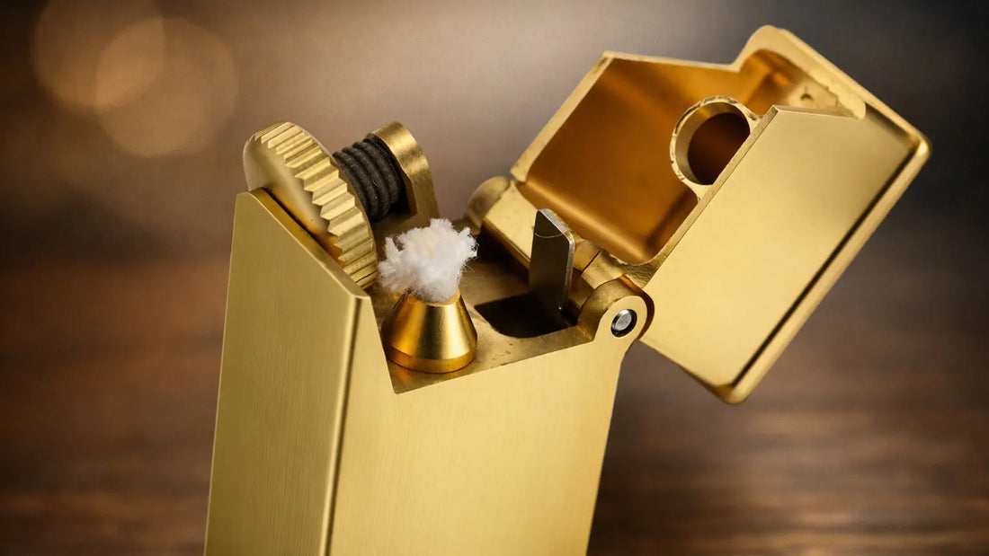 Long Fellow brass fluid lighter with inclined side wheel ignition and refillable wick system