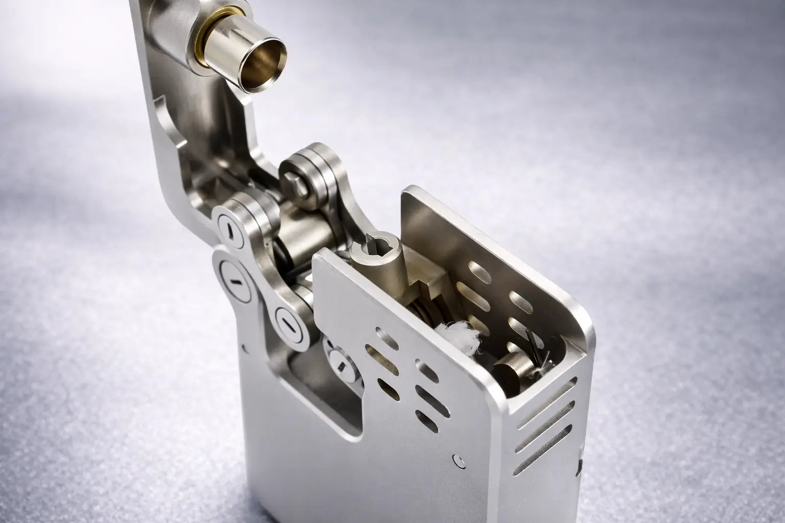 Mechanical ejection lighter with exposed skeletonized structure and visible internal mechanism