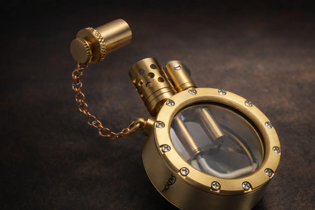 Brass pocket watch–style fluid lighter with transparent fuel chamber and flint wheel ignition