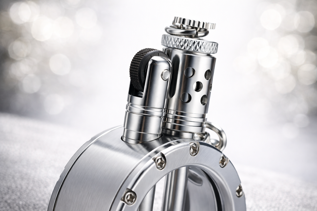 Round pocket watch lighter with silver metal body and visible mechanical details