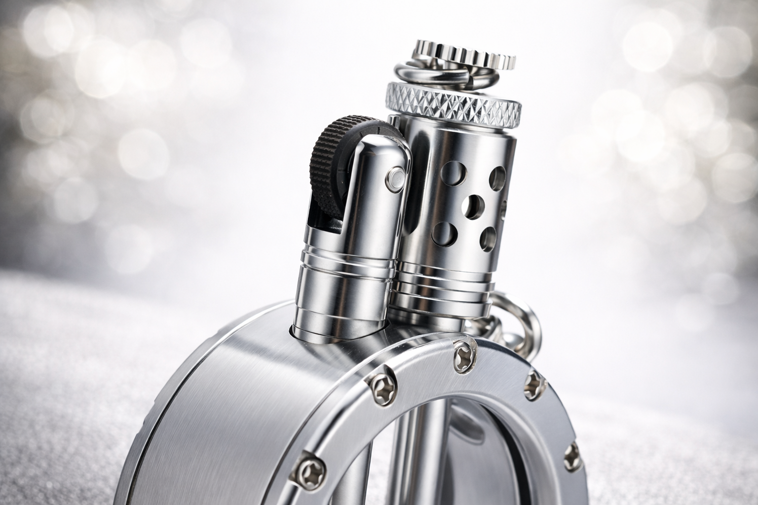 Round pocket watch lighter with silver metal body and visible mechanical details