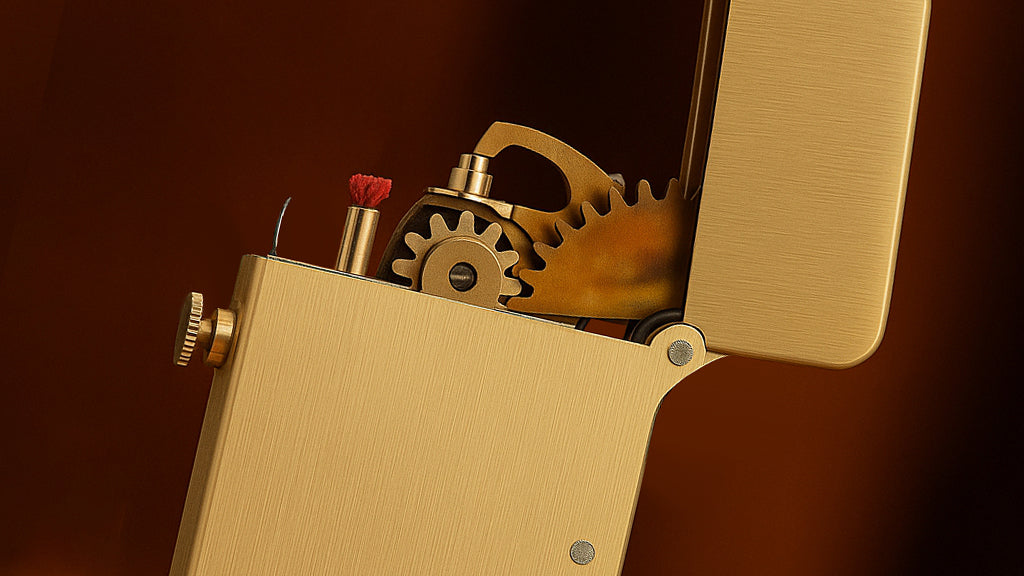 Semi automatic mechanical lighter with press-to-eject ignition and brushed brass minimalist design