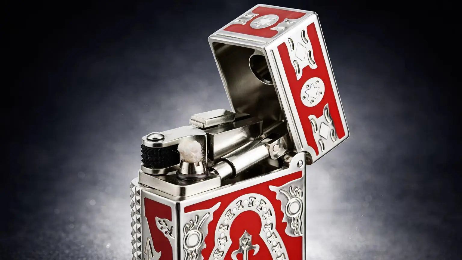 Side Slip Narrow Holy Grail refillable fluid lighter in red enamel with lid open