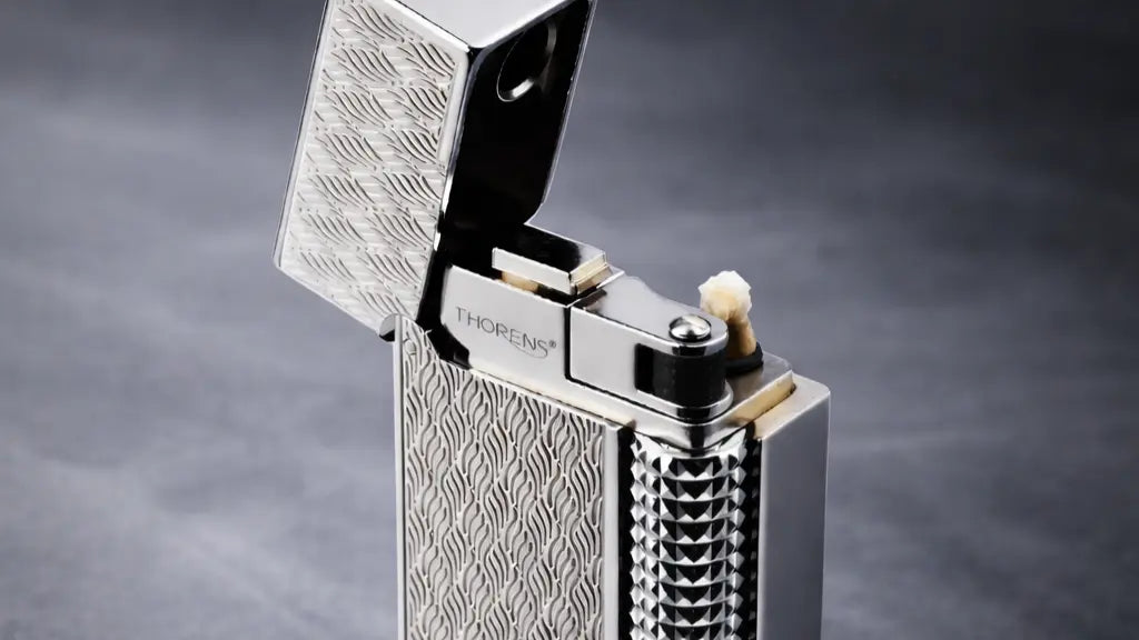 Side Slip - Narrow Lighter - Ripple Shadow with engraved silver finish, showing upper mechanical details and side roller ignition